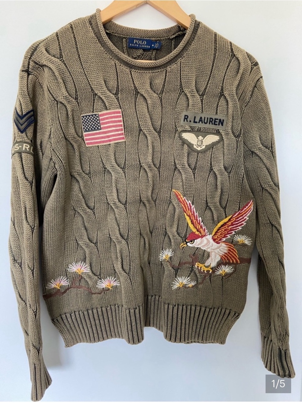 Polo by Ralph Lauren Olive Green Cable-Knit Crewneck Sweater with Patches
